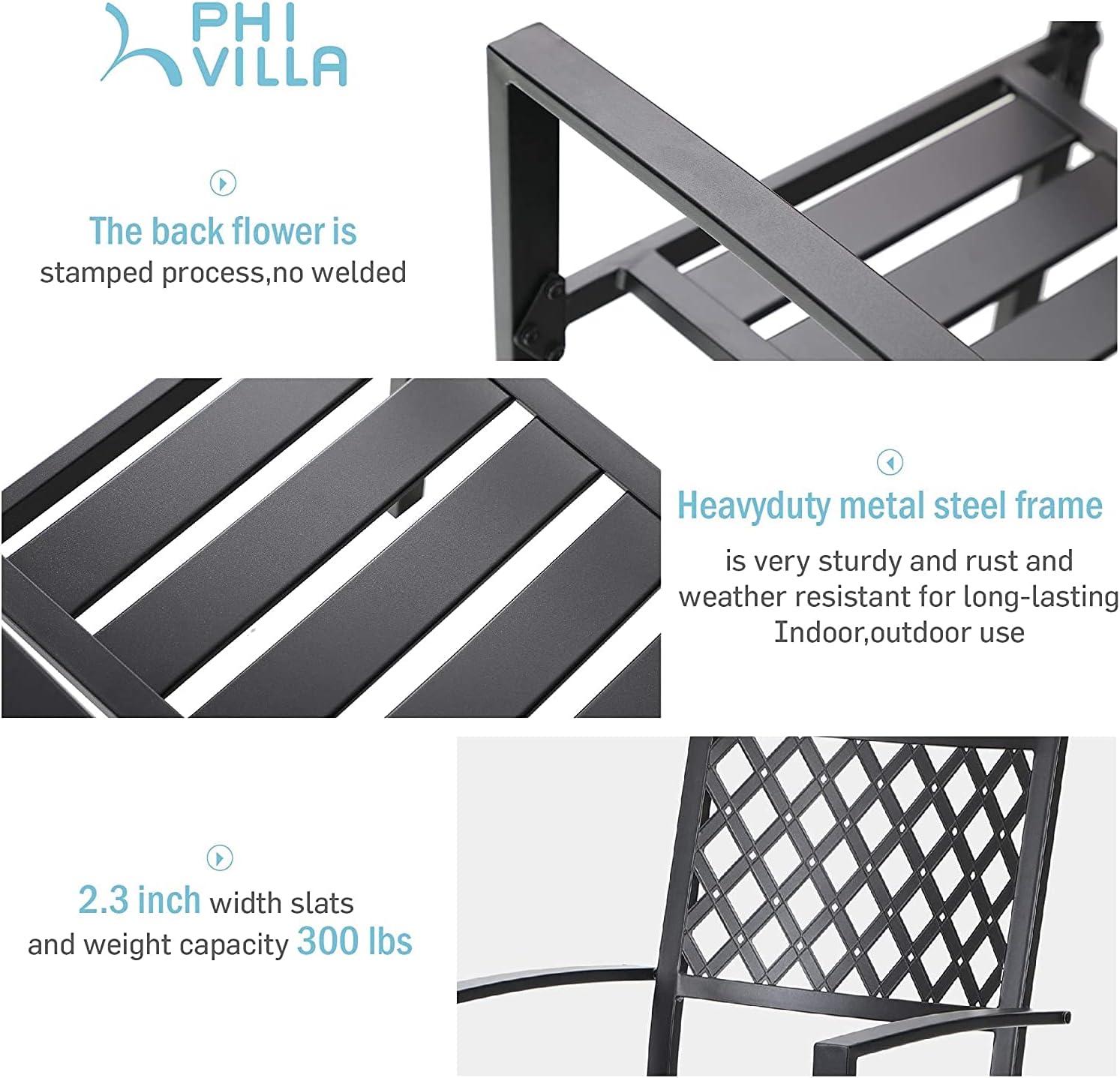 PHI VILLA Metal Patio Outdoor Dining Chairs Set of 4 Stackable Bistro Deck Chairs for Garden Backyard Lawn, Black
