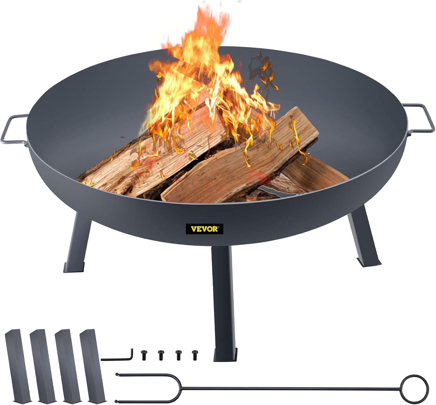 VEVOR Fire Pit Bowl, 34-Inch Diameter Round Carbon Steel Fire Bowl, Wood Burning for Outdoor Patios, Backyards & Camping Uses, with Portable Handles and A Firewood Stick, Black