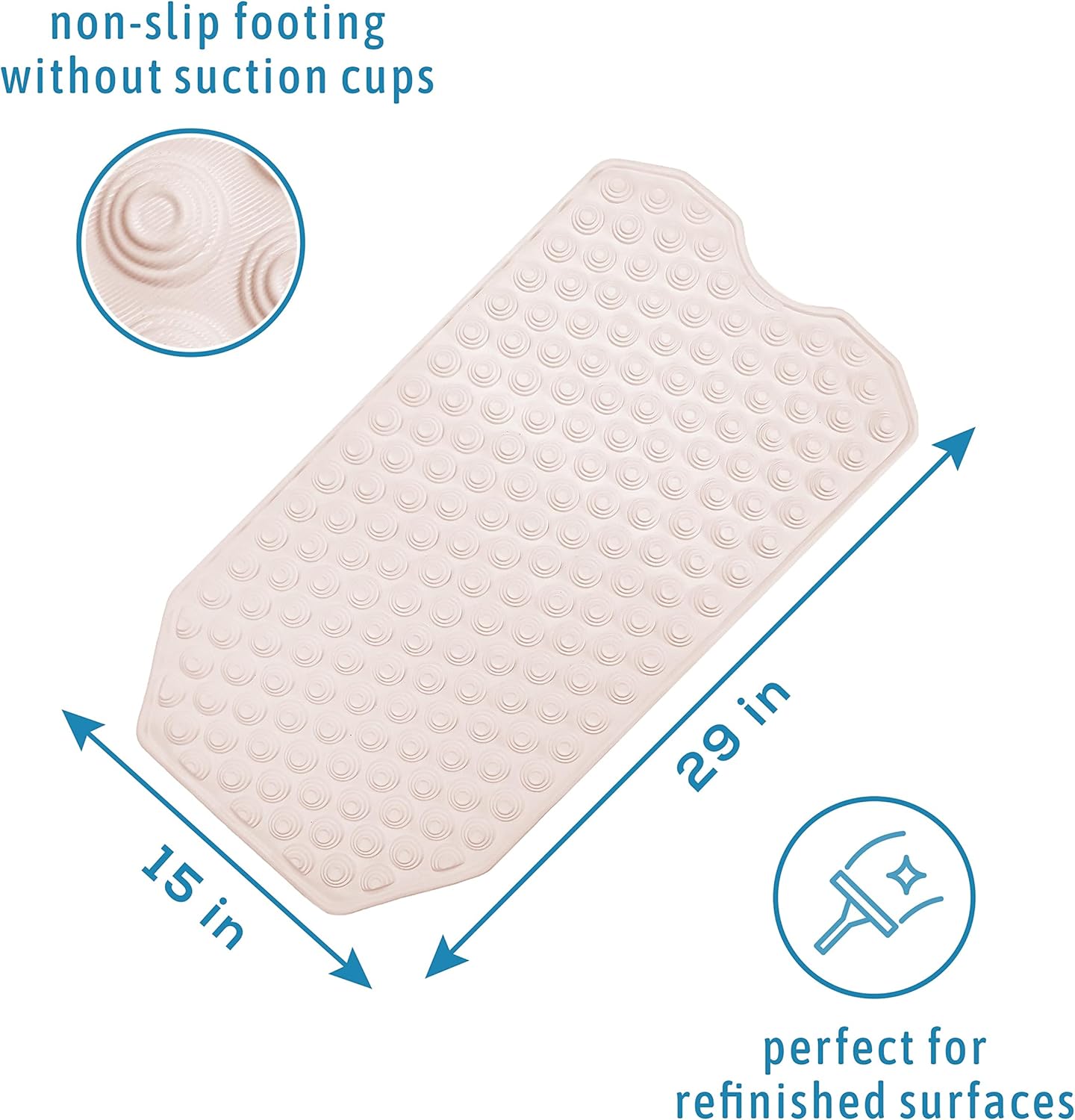 No Suction Cup Bathmat, Bath mat for refinished Bathtub, Safe for All Ages, 29x15 Inch Bath Mat, Machine Washable, Rectangular Design, Made in Italy
