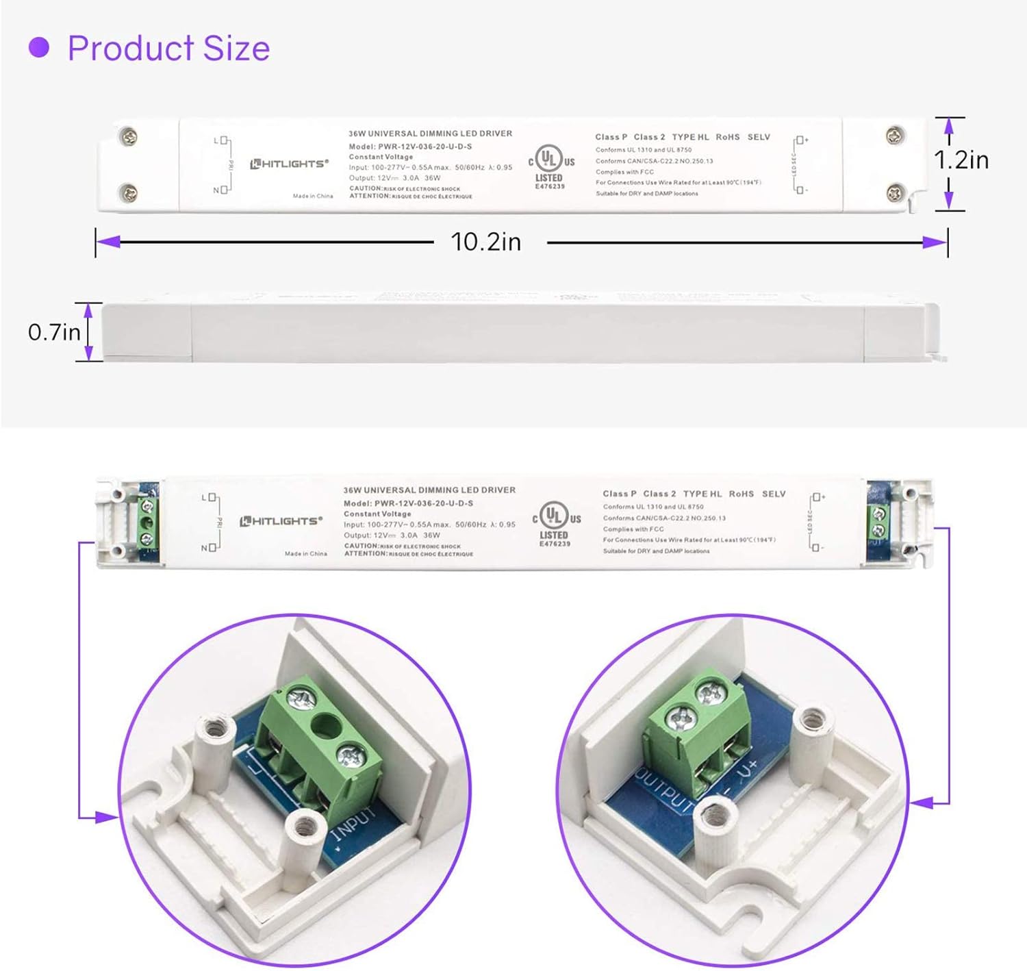 HitLights LED Driver, 36W LED Dimmable Driver Transformer 110-277VAC - 12V 3A DC Electric Dimmable Power Supply for LED Strip Lights, 12V Constant LED Products Pack of 2