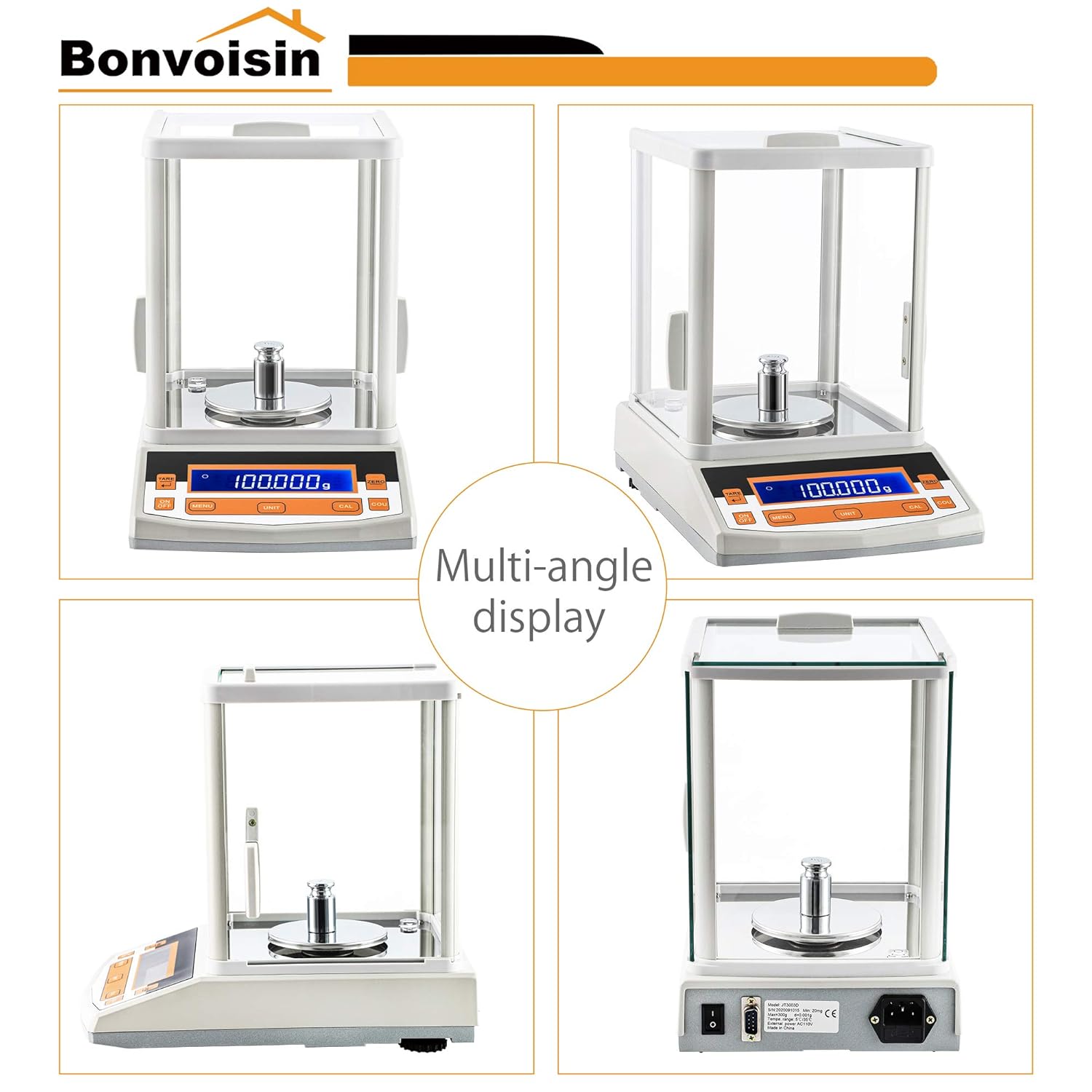 Bonvoisin Analytical Balance 300gx1mg Precision Lab Scale 0.001g Digital Analytical Scale RS232 Interface Laboratory Electronic Balance LCD Display with Windshield (300g, 1mg)