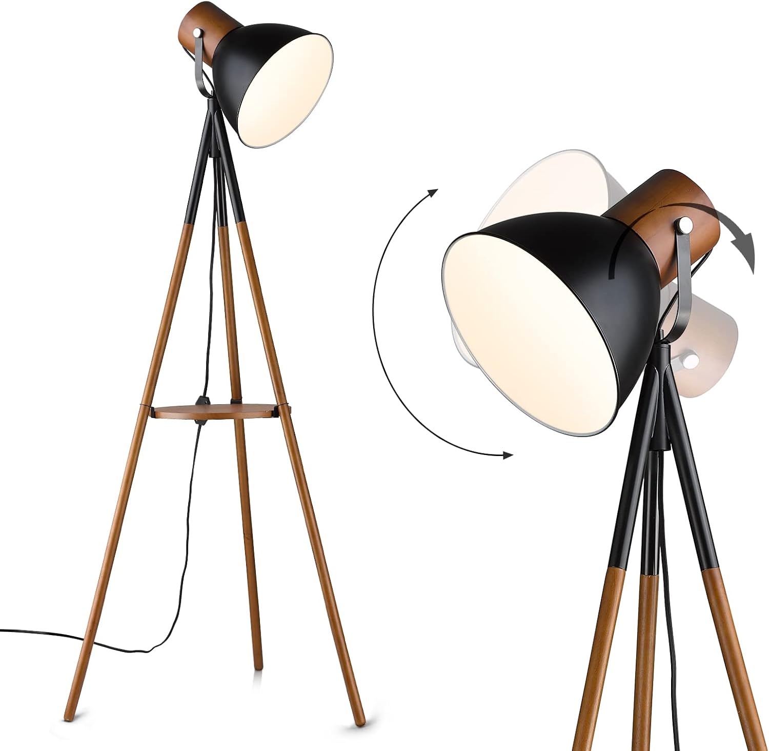 ELYONA Tripod Floor Lamp with Table, Dimmable Wood Standing Lamp with Adjustable Metal Shade, Modern End Table with Reading Light for Livingroom, Bedroom, Office, LED Bulb Included, Black & Brown