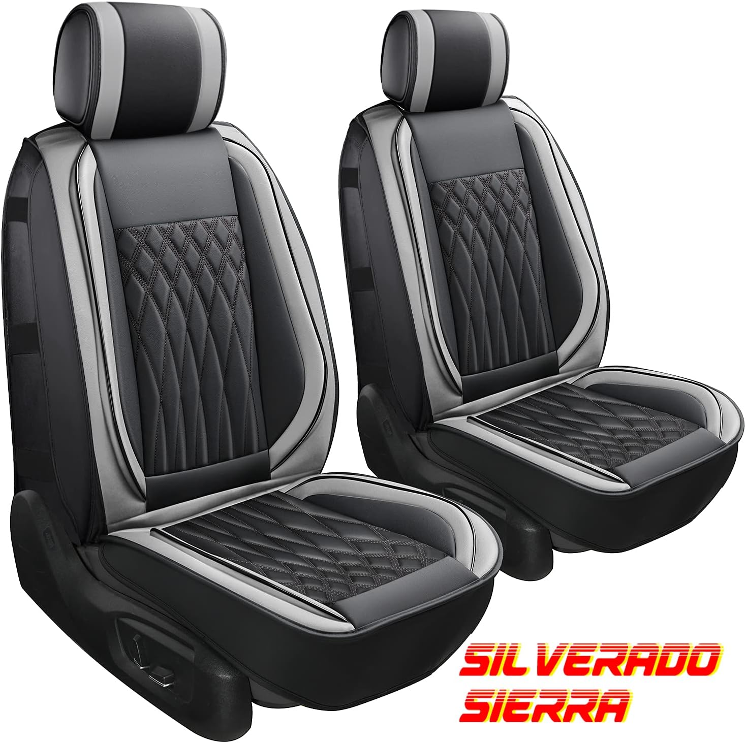 Sunny color 1 Pair Seat Covers for Chevy Silverado GMC Sierra Pickup Custom Fit 2007-2021 1500 2500HD 3500HD Crew Double Extended Cab Waterproof Leather Front Seat Protectors(Black+Gray)