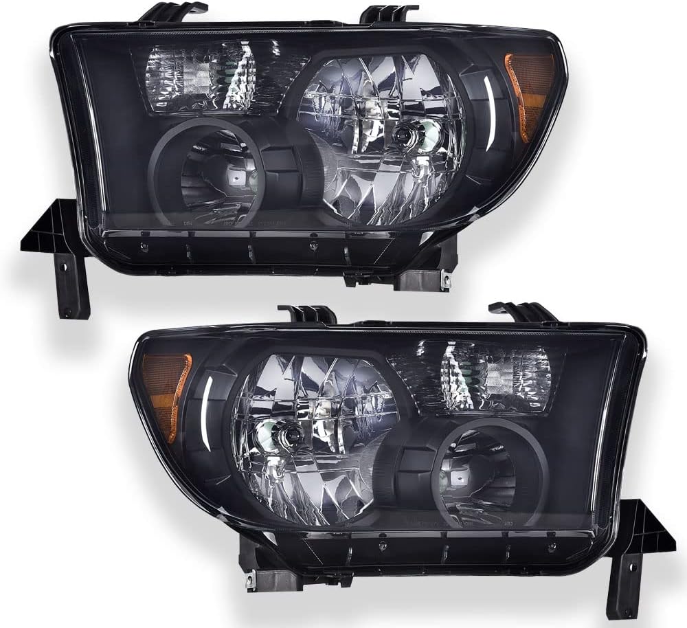PIT66 Headlights, Compatible with 07-13 Toyota Tundra/08-17 Toyota Sequoia Passenger Side Headlamps Assembly Left & Right Smoke Lens Black Housing Amber Reflector
