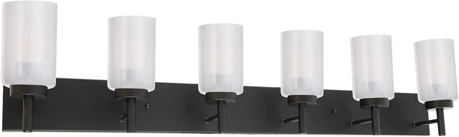 VINLUZ Farmhouse Vanity Light Fixtures Black Bathroom 6-Light Industrial Modern Wall Lighting Sconces with White Alabaster Glass for Bedrooms Living Rooms Hallway