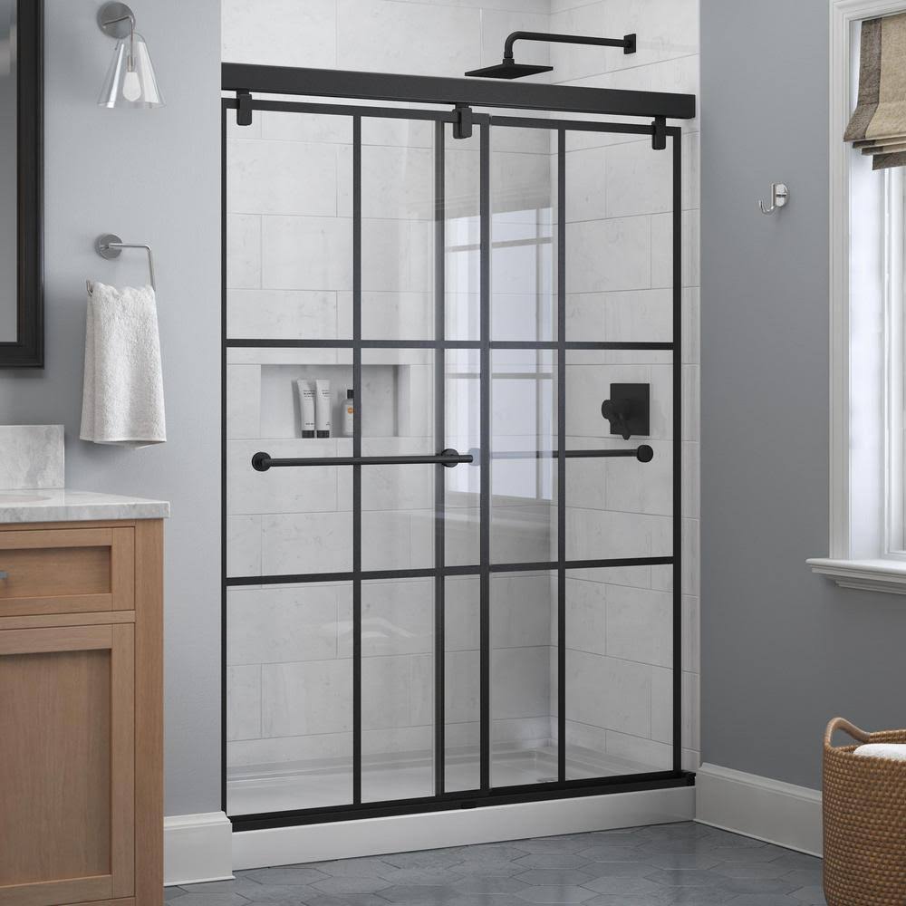 Delta Lyndall 60 in. x 71-1/2 in. Frameless Mod Soft-Close Sliding Shower Door in Matte Black with 1/4 in. (6 mm) Ingot Glass