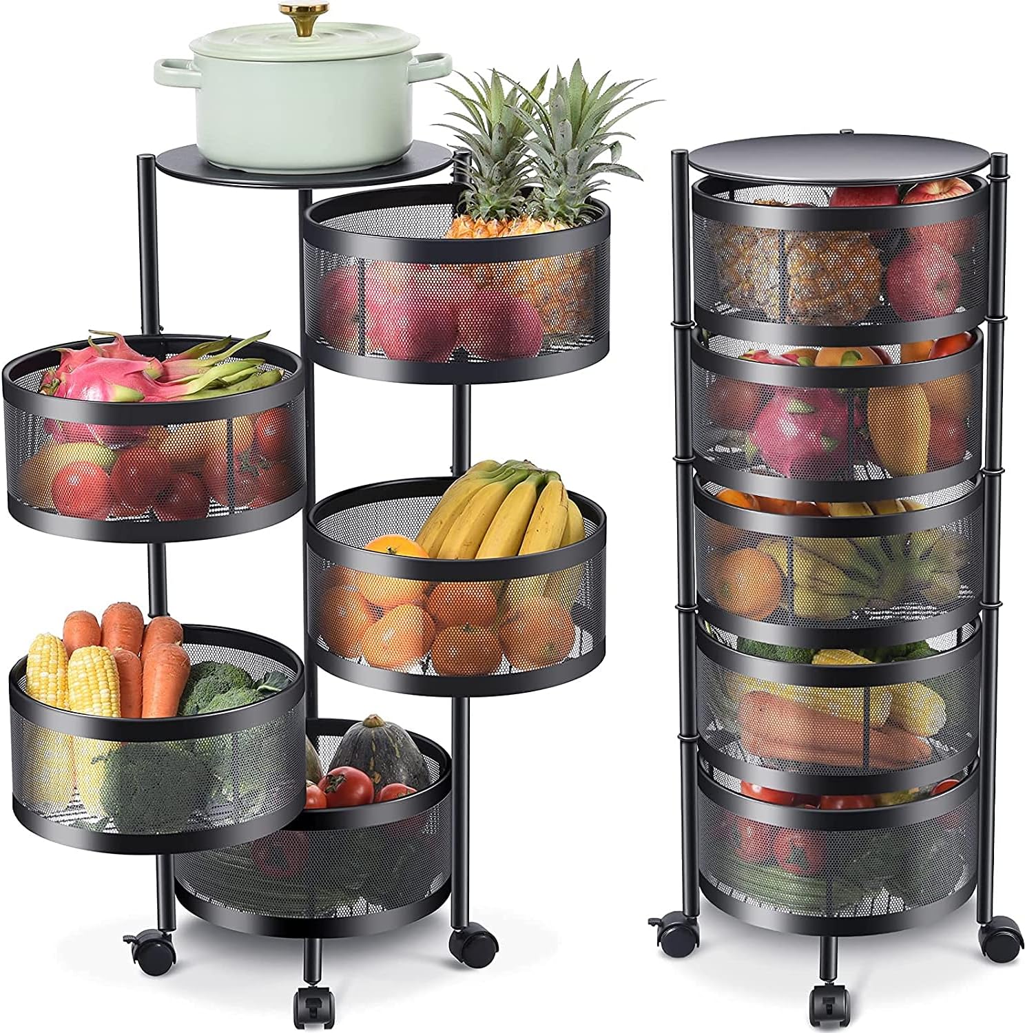 Kitchen Storage Rack-Rotating Vegetable Rack Floor-Standing Multi-Layer Movable Kitchen Kitchen Organizer, Household Storage Rack Shelf for Kitchen Living Fruit Vegetable Snack Stand (4F Black)