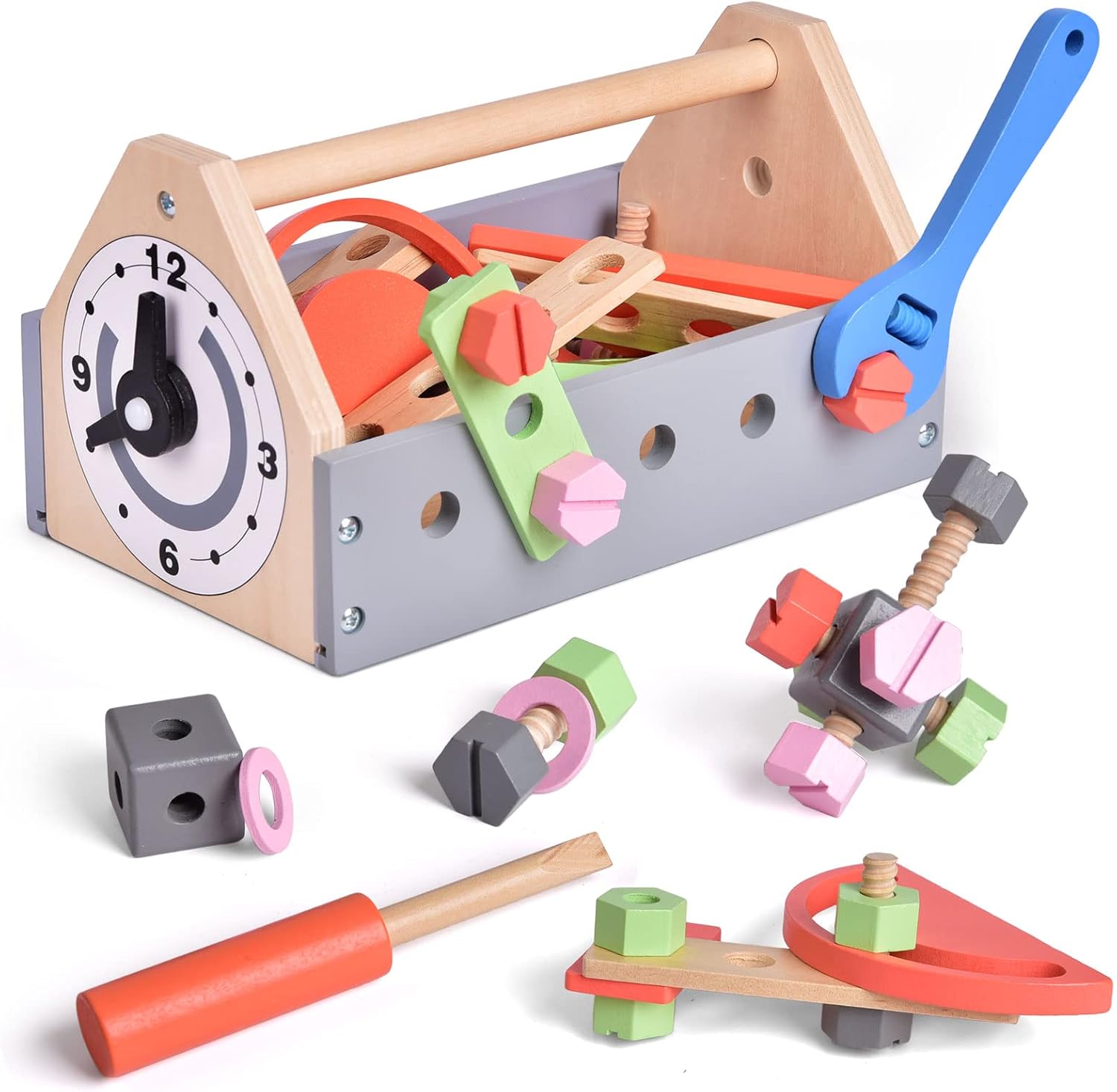 FUN LITTLE TOYS 45 PCs Wooden Tool Set for Toddlers 1-3, Pretend Play Construction Kids Tool Set with Wooden Tool Box and Accessory Play Set, Creative Gift for Boys Girls