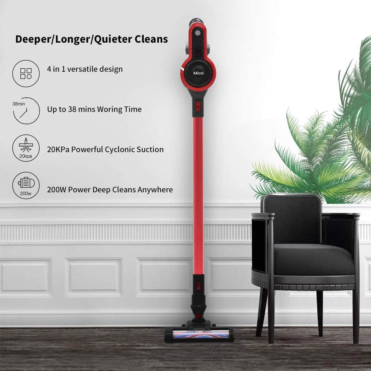 Cordless Vacuum Cleaner, 20000PA Powerful Suction, 38min Runtime, 4 in 1 Stick Handheld Vacuum, for Home Hard Floor Carpet Car Pet