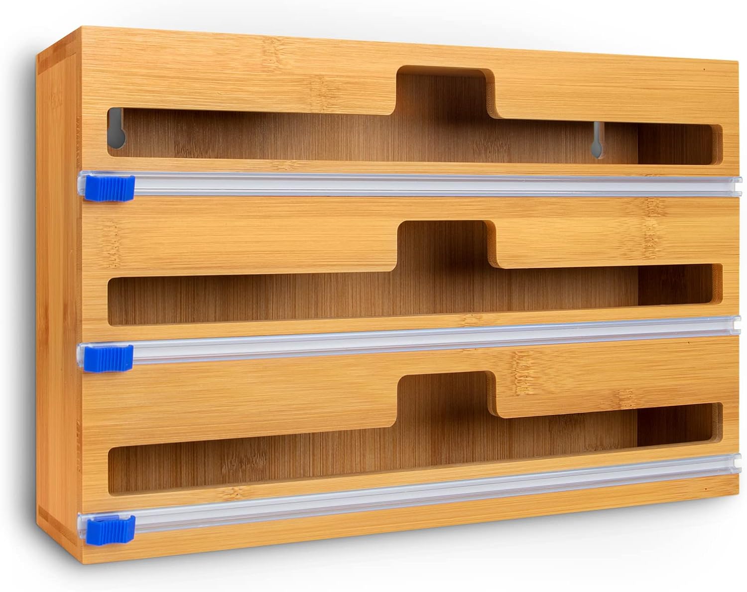 3 in 1 Bamboo Wrap Dispenser with Cutter and Labels, Plastic Wrap, Aluminum Foil and Wax Paper Dispenser for Kitchen Drawer Neat, Hangable Roll Organizer Holder, Compatible with 12