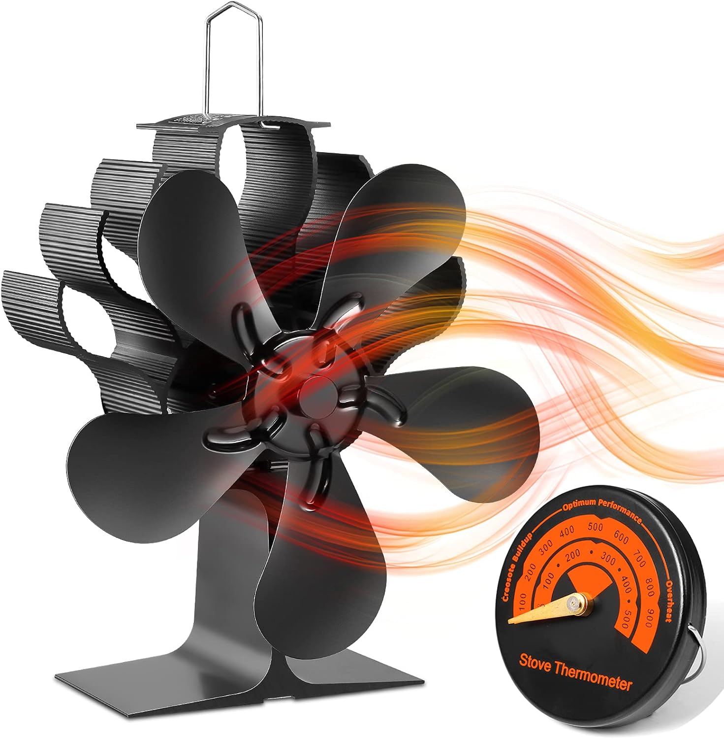 BAISHARK Fireplace Fans,Wood Stove Fan,Eco Stove Fan with Thermometer,5 Blades Heat Powered Wood Stove Fan for Wood/Log Stoves,Efficiently Heat Distribution Fan Pack of 2