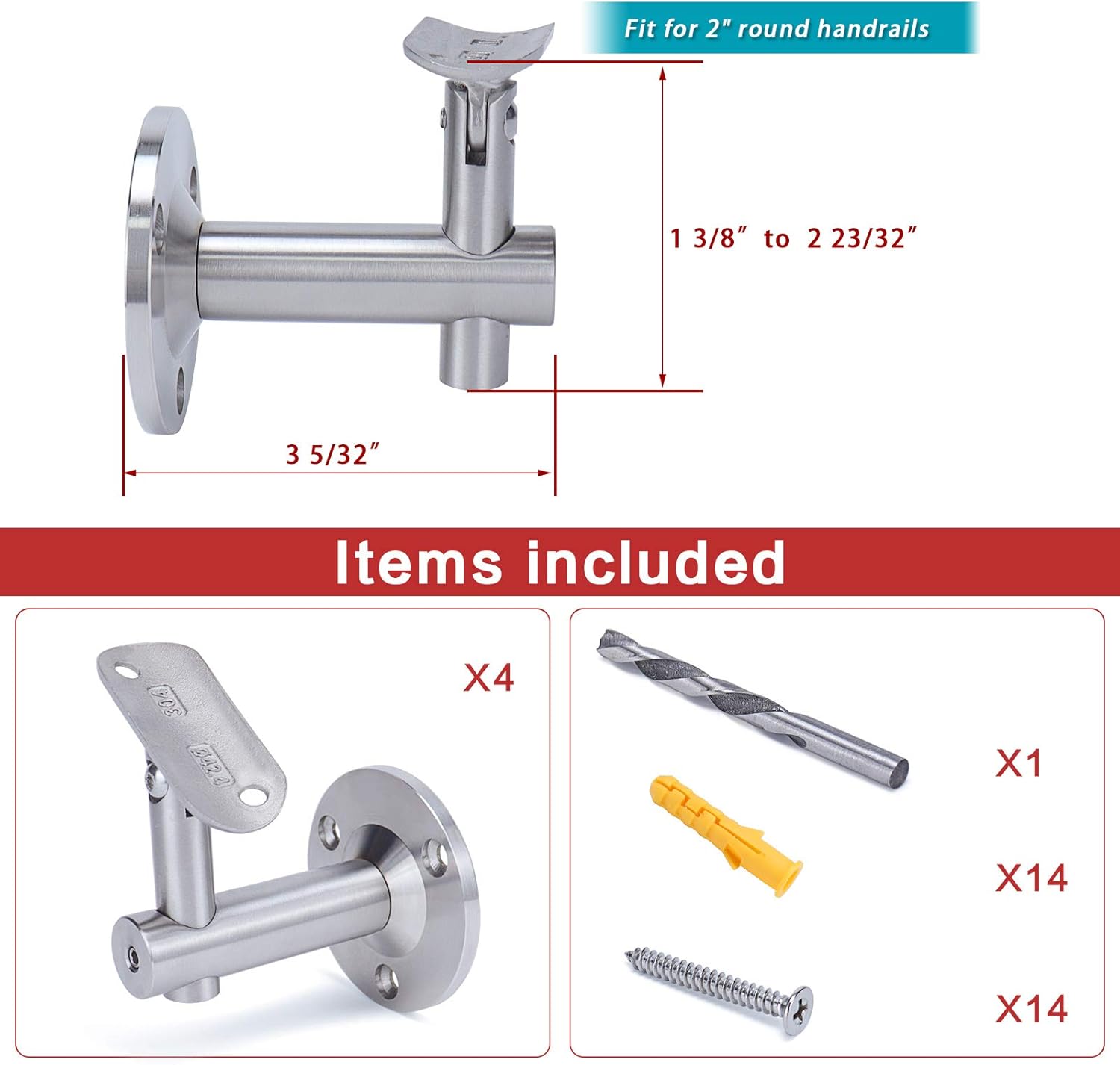 Muzata 4pack Adjustable Handrail Brackets for Staircase Stair Railing Brackets, Heavy Duty handrail Bracket, Brushed Stainless Steel, HB03 SL4,HR0 HR6 Pack of 2