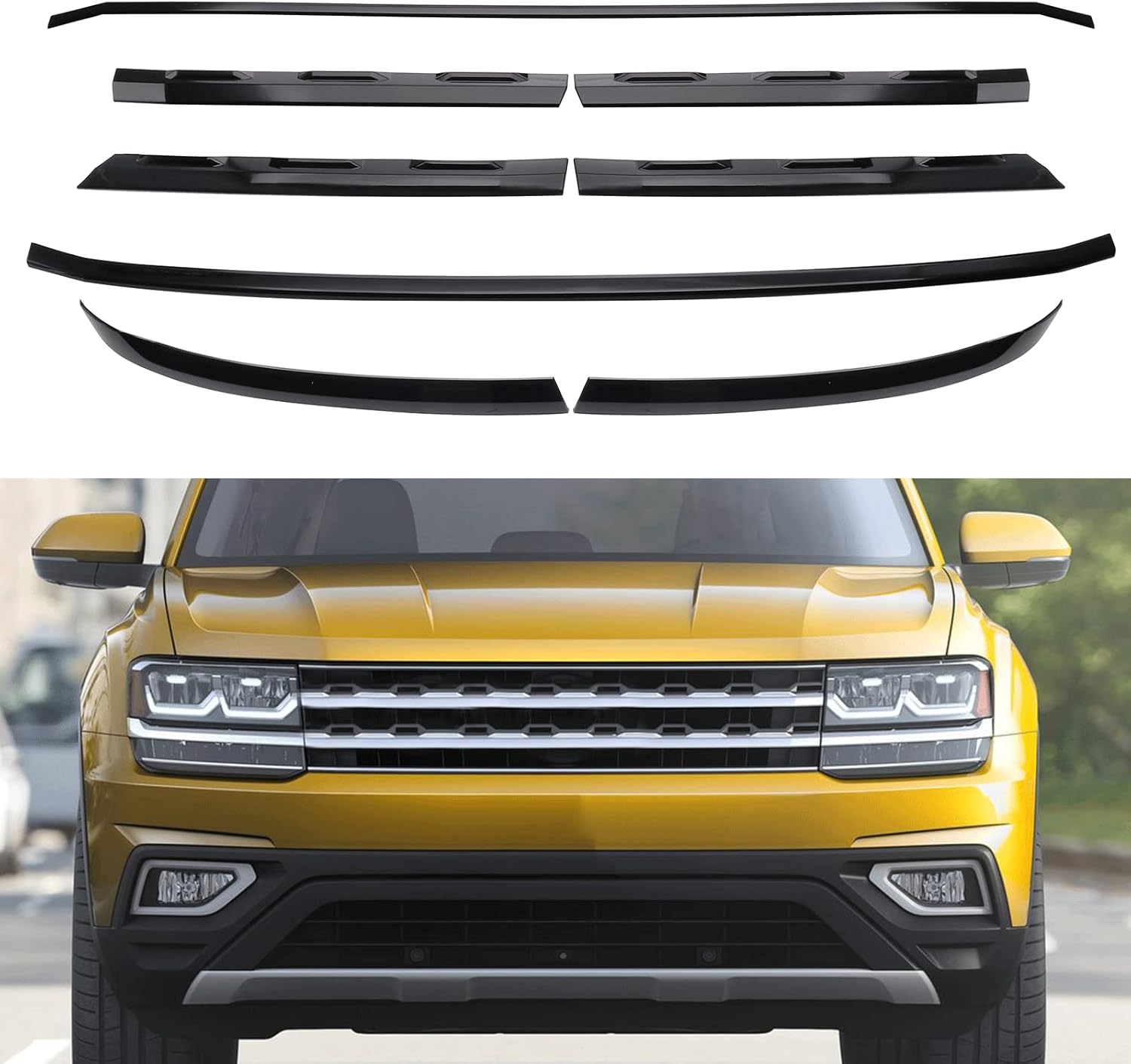 KaiWell 8Pcs Front Bumper Grille Cover Trim Fit for Compatible with Volkswagen VW Atlas 2018 2019, ABS Grill Trim Cover Glossy Black