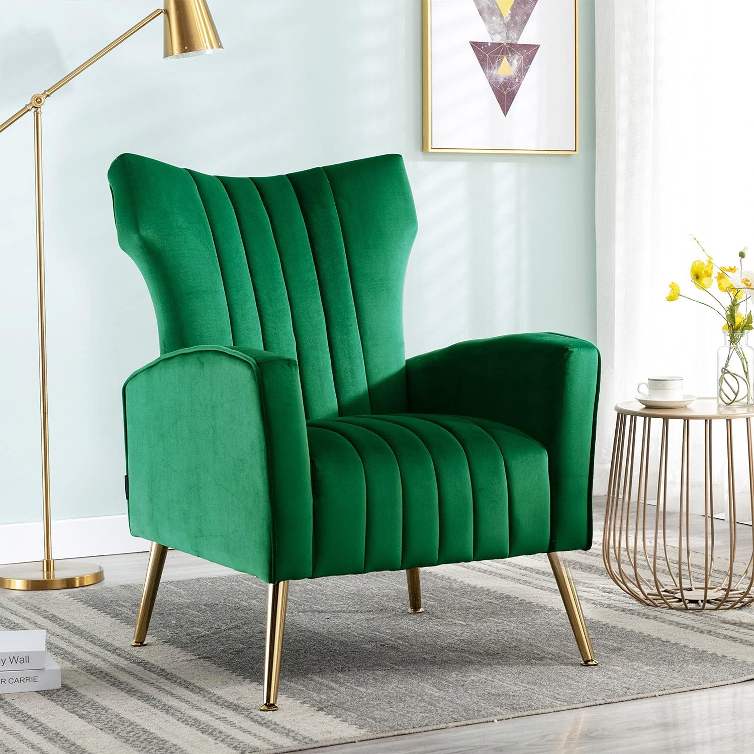 Altrobene Modern Velvet Accent Chair Vanity Decor Wingback Armchair Curved Tufted Club Adult Chair with Gold Legs for Living Room, Bedroom, Office, Light Pink