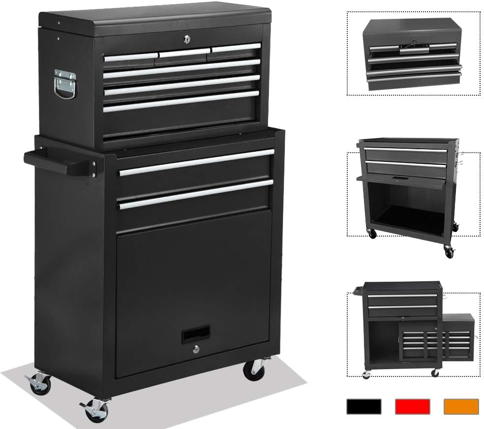 8-Drawer Rolling Tool Chest - Stainless Steel High Capacity Tool Cart for Storage Hardware Tools，Detachable Toolbox Organizer Cabinet with Keyed Locking System ，3 Swivel Casters and 1 Brake (Red)