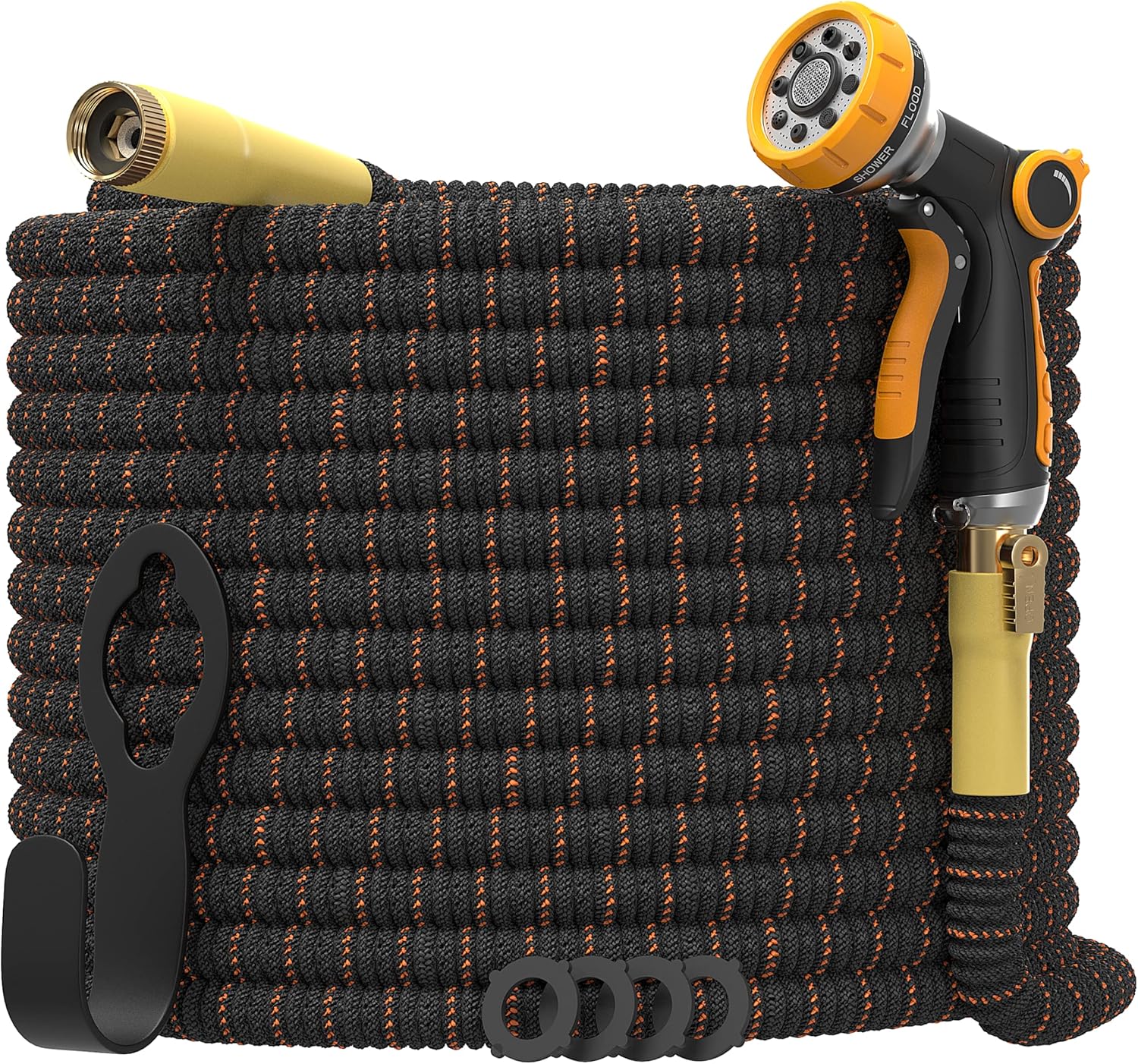 LazyPro Garden Hose Expandable with 8 Function Nozzle - 4-Layers Flex Strong Latex Extra Durable 3750D Fabric - Brass Connectors with Protectors - Water Hoses for Gardening 3/4 Inch 100FT with Sprayer Pack of 2