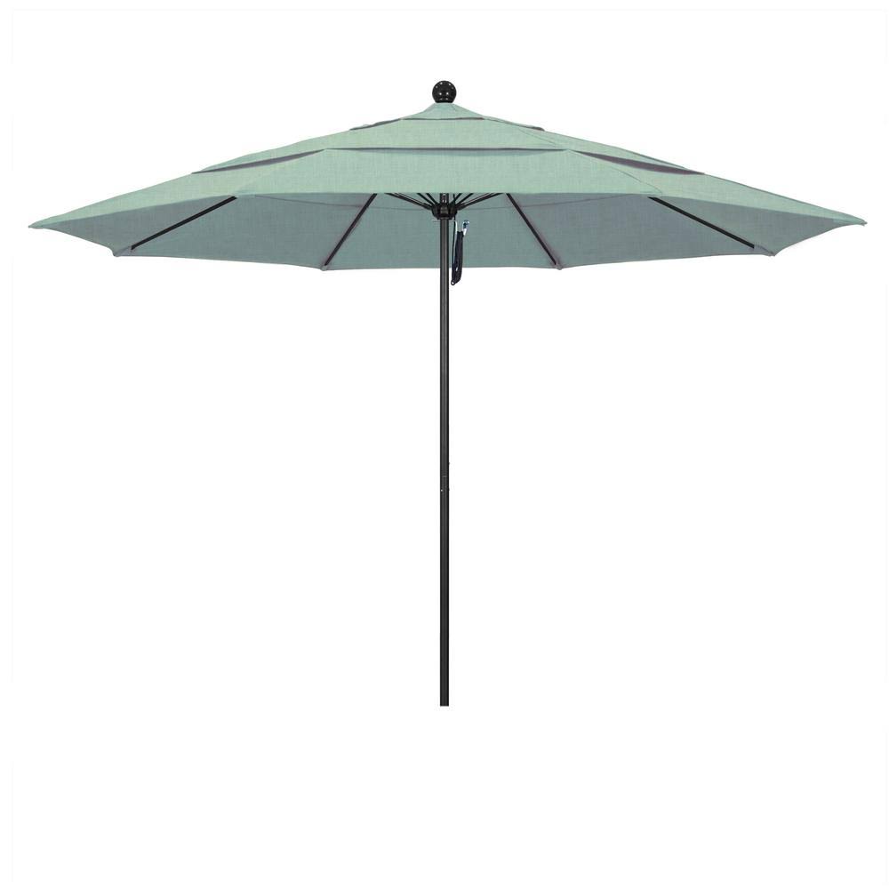 California Umbrella 11 ft. Stone Black Aluminum Market Patio Umbrella with Pulley Lift and Fiberglass Ribs in Spa Sunbrella