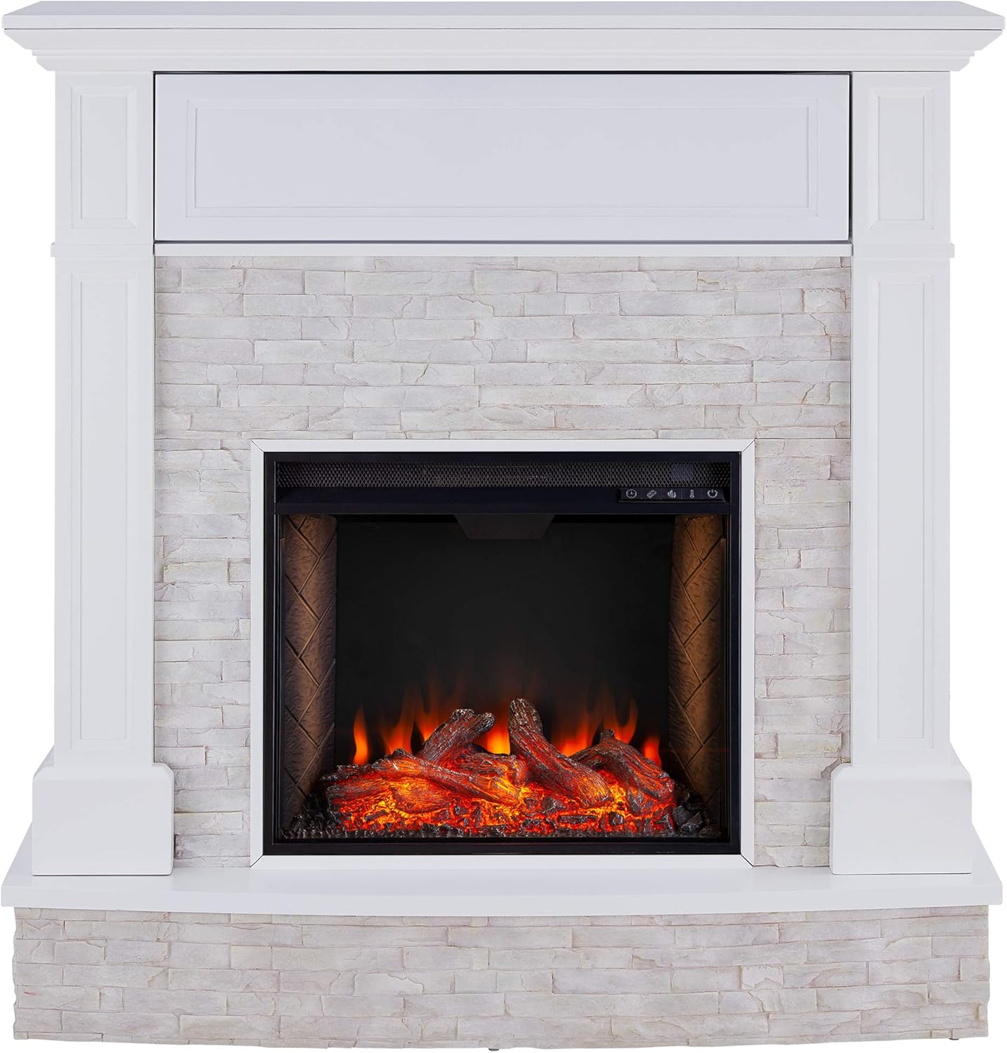 SEI Furniture Jacksdale Faux Stone Accent Alexa-Enabled Electric Hidden Media Shelf Fireplace, White