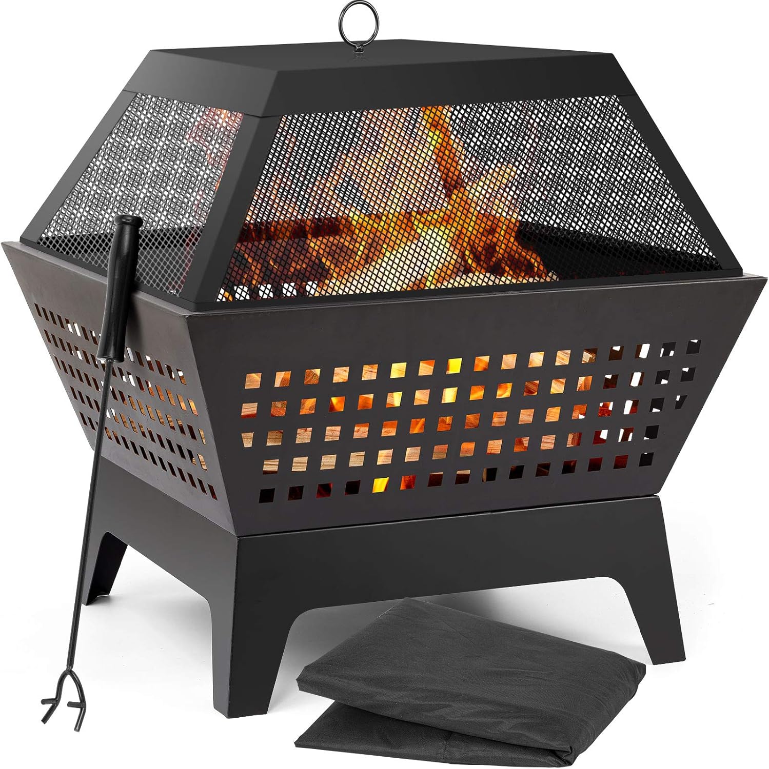 Amagabeli Fire Pit with Waterproof Cover Outdoor Wood Burning 24.4in Firepit Firebowl Fireplace Poker Spark Screen Retardant Mesh Lid Extra Deep Large Square Backyard Deck Heavy Duty Grate BG410