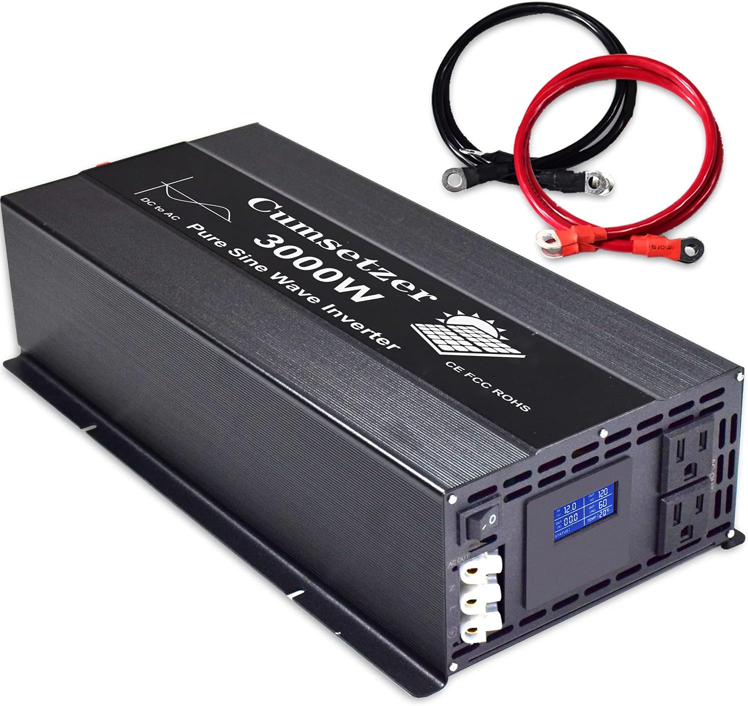 Cumsetzer 3000w 12v Power Inverter Pure Sine Wave 12 Volt dc to ac 110v 120v Car Inverter with Dual US Outlet, and hardwire Terminal and LCD Display, for RV, Truck, Yacht, and Off Grid(3000w 12v)