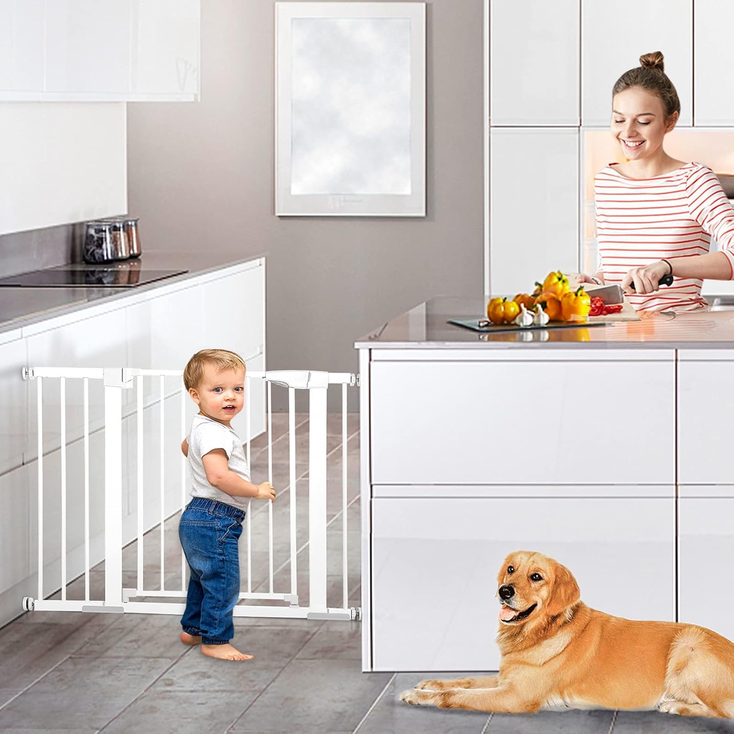 43.3 inch Dog Gate Extra Wide Tall Durable Pet Gate Easy Walk Thru Dog Fence Gate for Stairs Doorways House, Fits Openings 37.8