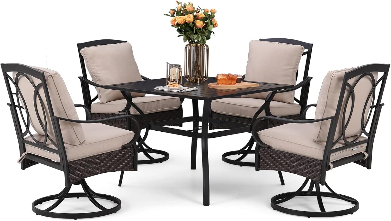 Sophia & William Patio Dining Set 5 Piece Outdoor Table Furniture Set - 4 Padded Swivel Dining Chairs and 1 Square Metal Table with Umbrella Hole for Garden Deck Backyard
