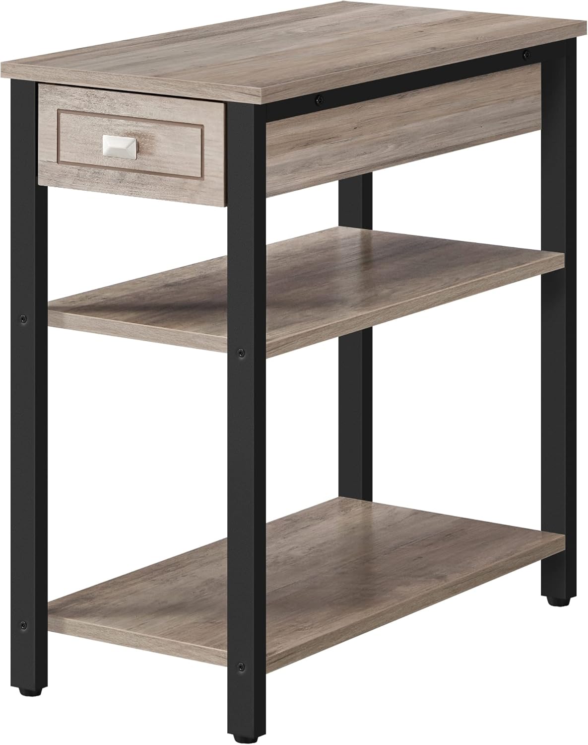 VASAGLE Side Table with Drawer and 2 Wooden Shelves, Narrow End Table, Slim Nightstand for Small Spaces, Made of Metal Structure, Stable and Durable, Industrial, Greige and Black ULET313B02