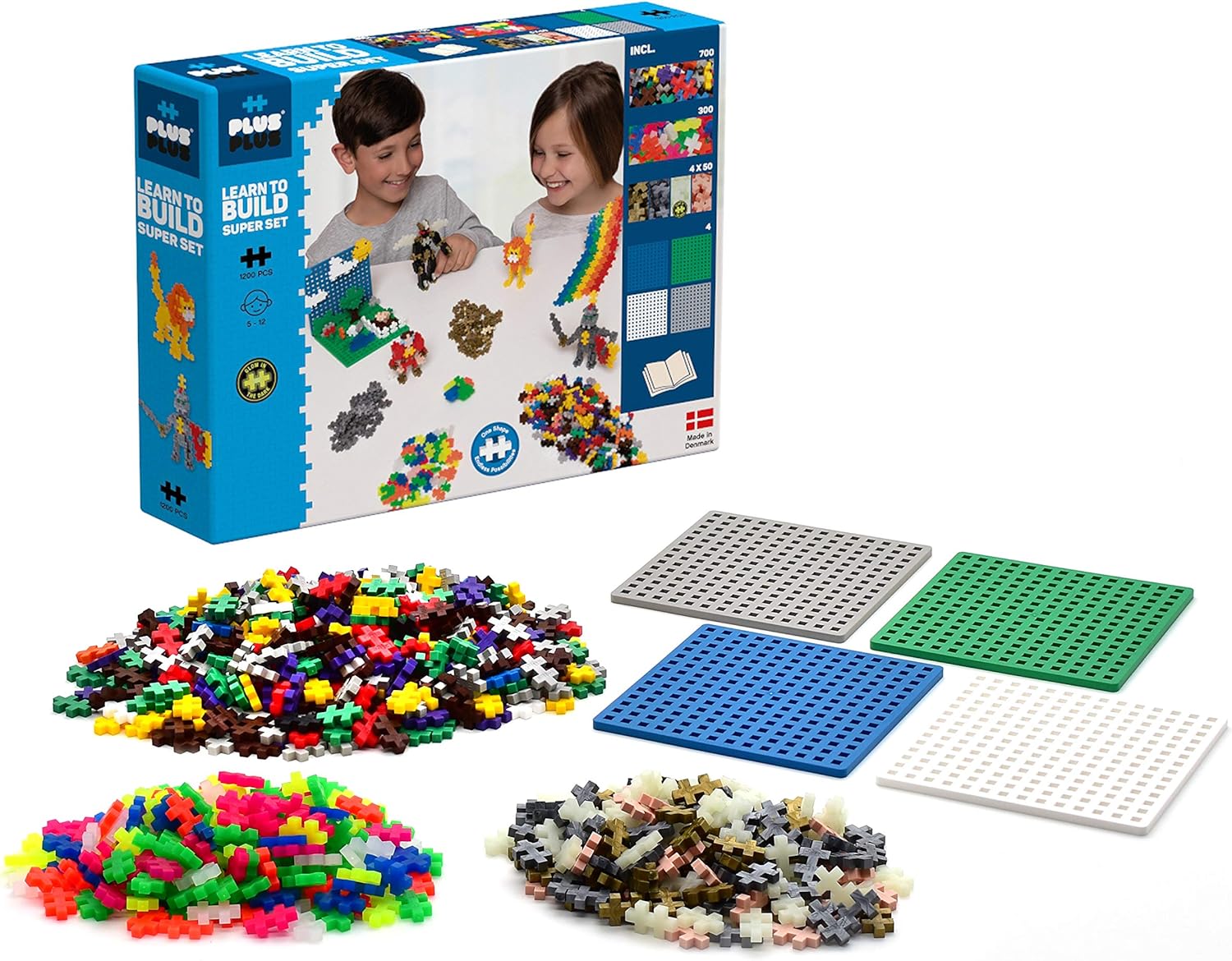 PLUS PLUS - Learn to Build Super Set - Basic Mix, 1,200 Pieces w/ 4 Baseplates - Construction Building Stem / Steam Toy, Interlocking Mini Puzzle Blocks for Kids Pack of 2
