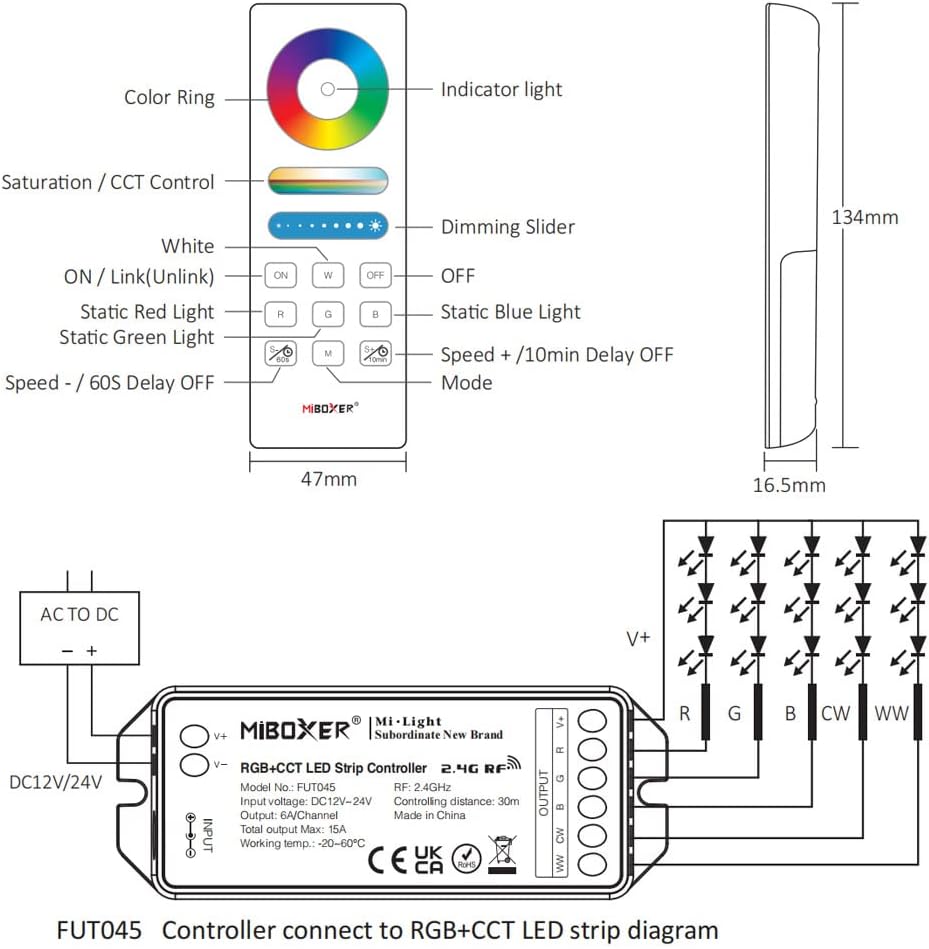 DC12-24V RGB+CCT FUT045A RF Wireless Remote Control LED Controller Kit (5in1 RF Remote kit) Pack of 2