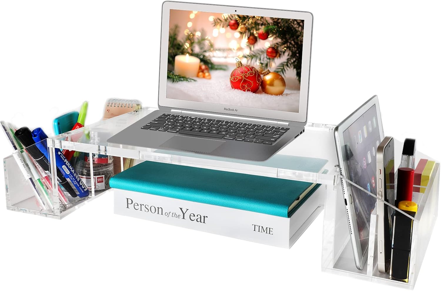 IMLIB Acrylic Monitor Stand Riser for Desk Countertop, Clear Acrylic Desktop Organizer with Side Compartments and Cable Management for Home and Office, L 22.9