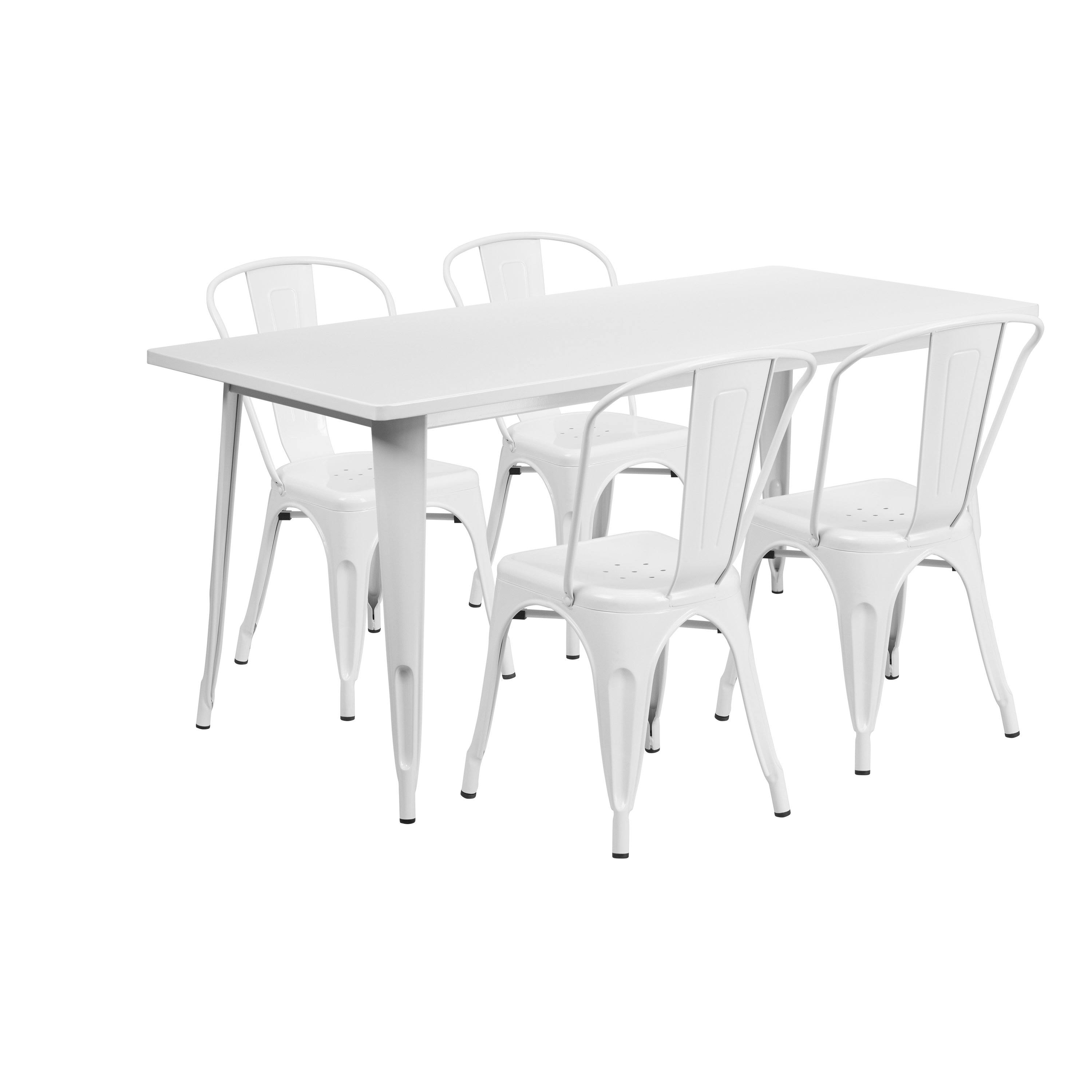 Flash Furniture Rectangular White Metal Indoor Outdoor Table Set with 4 Stack Chairs