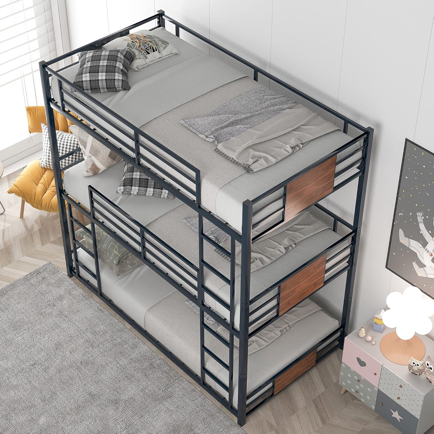 P PURLOVE Twin Triple Bunk Bed, Twin Over Twin Over Twin Metal Bunk Bed Frame with Ladder, No Box Spring Needed (Black)