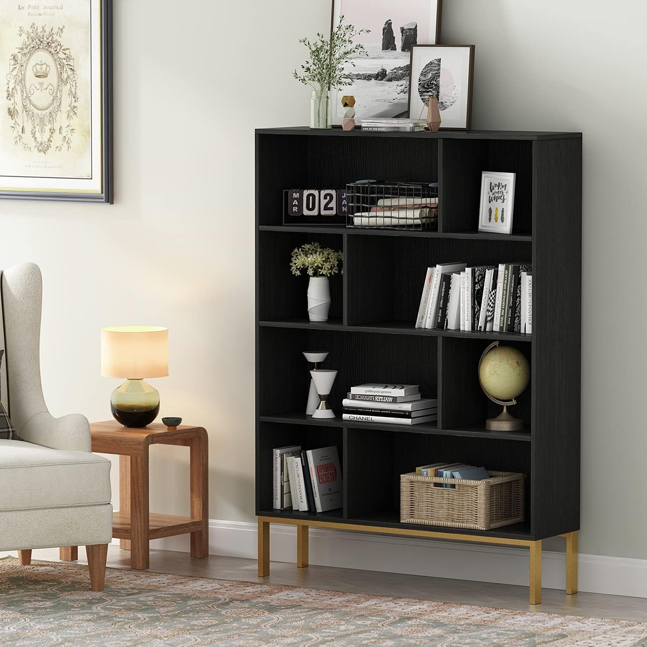 AGOTENI Wood Cube Storage Organizer, Free Standing Bookcase Storage Organizer, Side Cabinet Decor Furniture for Home Office, Black