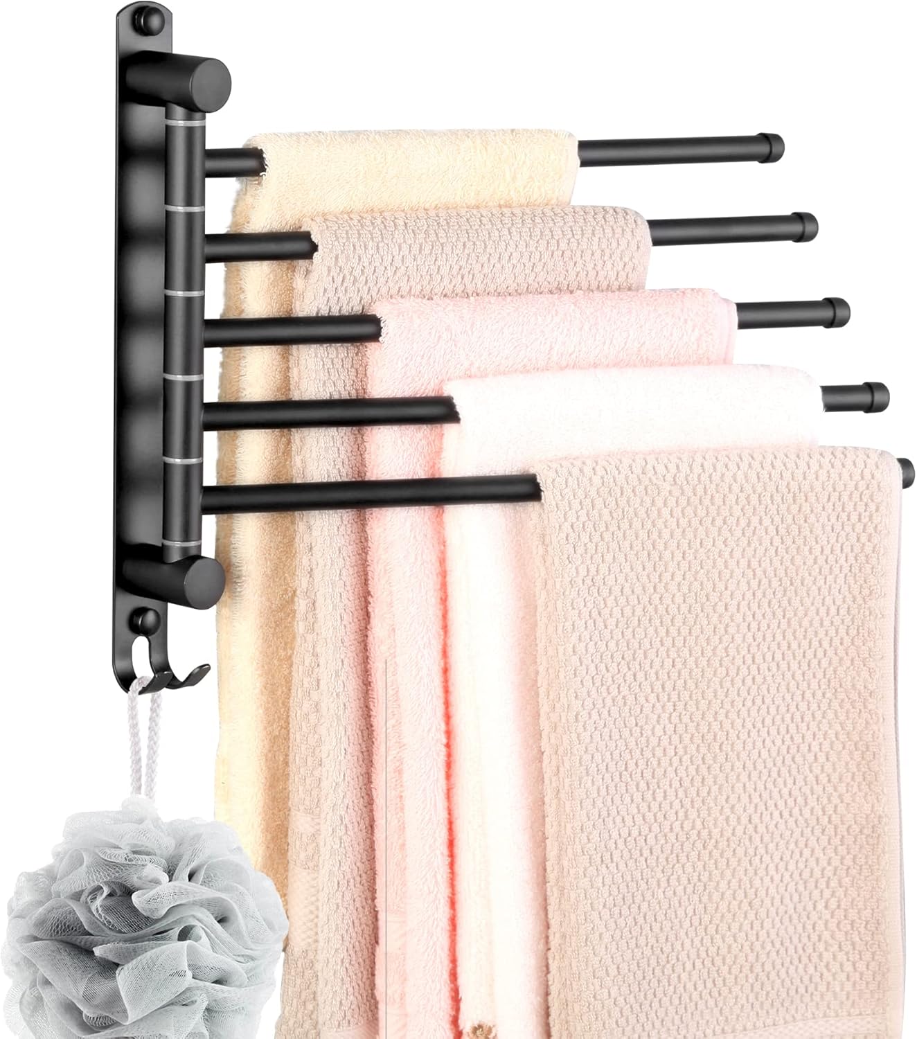 Swivel Towel Rack, Towel Bar with Wall Mounted 180&deg; Rotation, 5-Arms Towel Hanger for SUS 304 Stainless Steel, Space Saving for Kitchen/ Bathroom, Matte Black