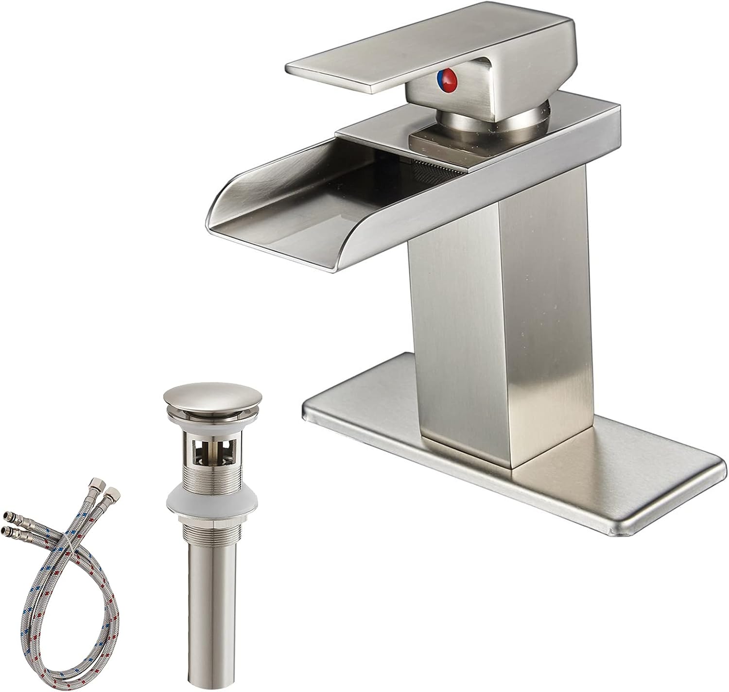 Greenspring Matte Black Bathroom Sink Faucet Single Hole Single Handle Waterfall Modern Vanity Faucets Deck Mount Mixer Tap with Pop Up Drain and Supply Line