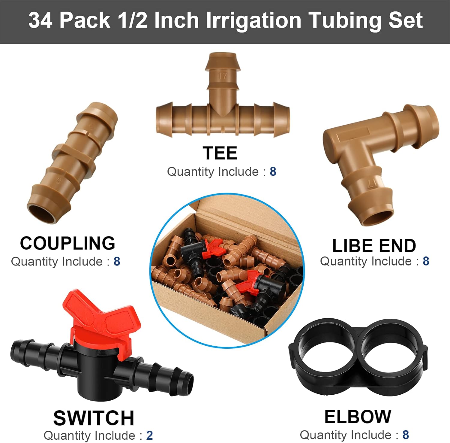 34 Pieces Drip Irrigation Fitting Kit 1/2 Inch Tubing Set, 2 Switch, 8 Tee, 8 Coupling, 8 Elbow and 8 End Cap Plastic Plug, Drip Irrigation Barbed Connector for Compatible Drip or Sprinkler System Pack of 2