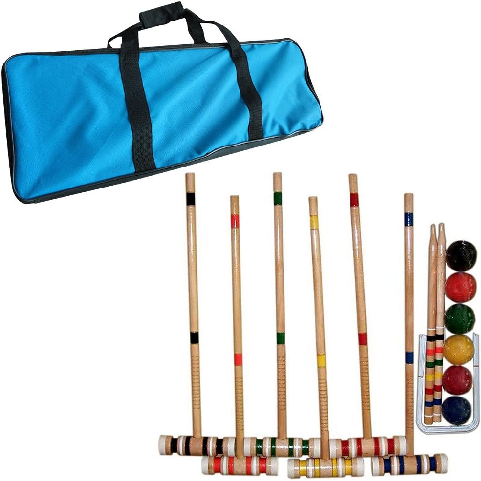 Croquet Set- Wooden Outdoor Deluxe Sports Set with Carrying Case- Fun Vintage Backyard Lawn Recreation Game, Kids or Adults by Hey! Play! (6 Players)