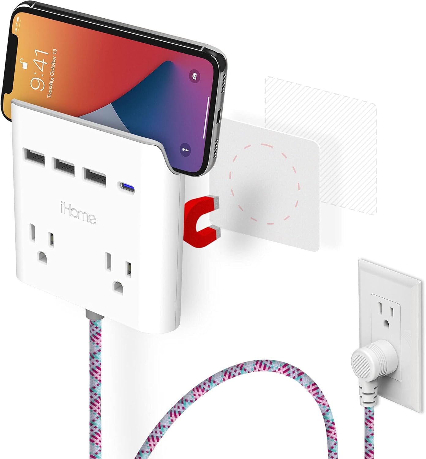 iHome Power Reach Multiple Plug Outlet Extender with 2 Outlets, 4-Port USB Wall Charger (1 USB C, 3X USB A), 6 Ft Extension Cord and Magnetic Wall Mount (Red/Green Cable)