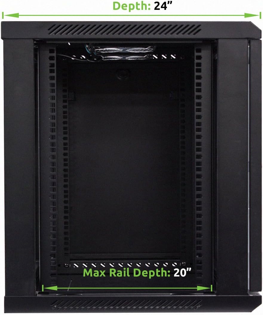 NavePoint 12U Deluxe IT Wallmount Cabinet Enclosure 19-Inch Server Network Rack with Locking Glass Door 24-Inches Deep Black