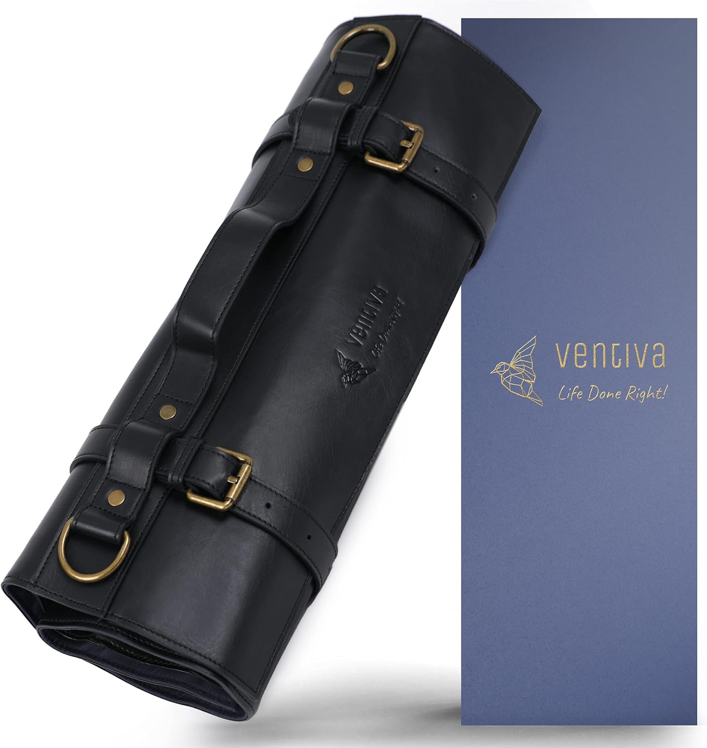 Ventiva - Black Leather Knife Roll Storage Bag, 9 Pockets w/Large Utility Pocket, Adjustable/Detachable Shoulder Strap, Travel-Friendly and Durable