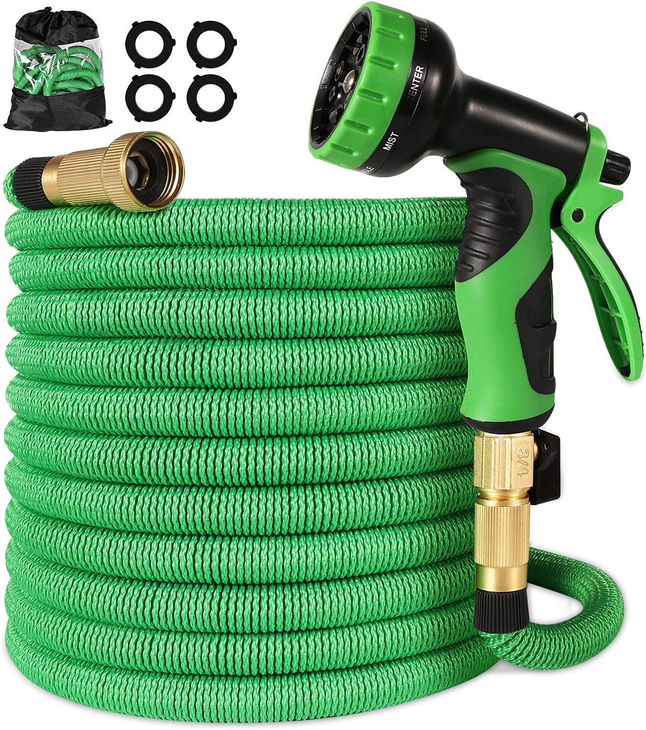 100 ft Garden Hose with 9 Function Nozzle, New Expandable Water Hose with Durable Retractable Latex and Fabric, Solid Brass Fittings, Kink Free Lightweight Flexible Hose Pipe for Gardening, Washing Pack of 2