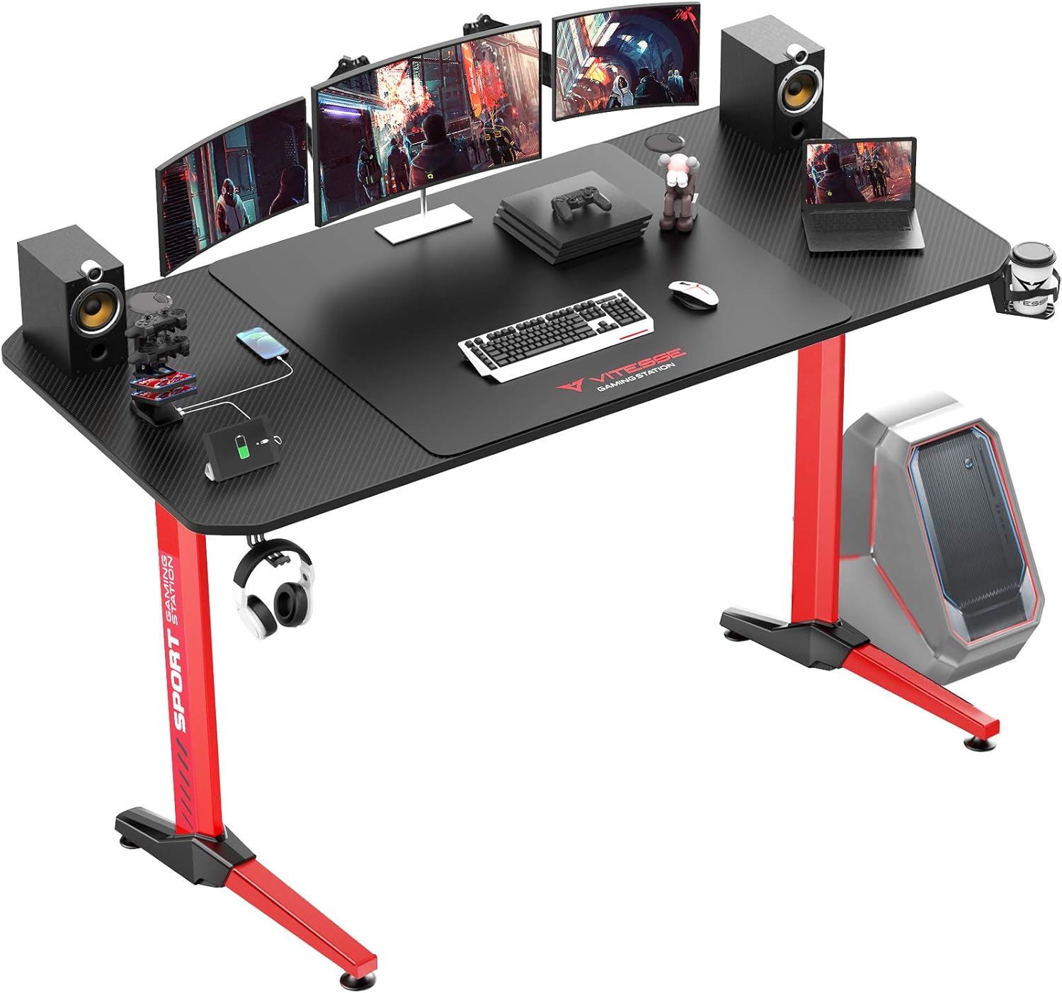 VITESSE VIT 63 Inch Ergonomic Gaming Desk, T-Shaped Office PC Computer Desk with Desk Mouse Pad, Gamer Tables Pro with USB Gaming Handle Rack, Stand Cup Holder&Headphone Hook (63 inch, Black).