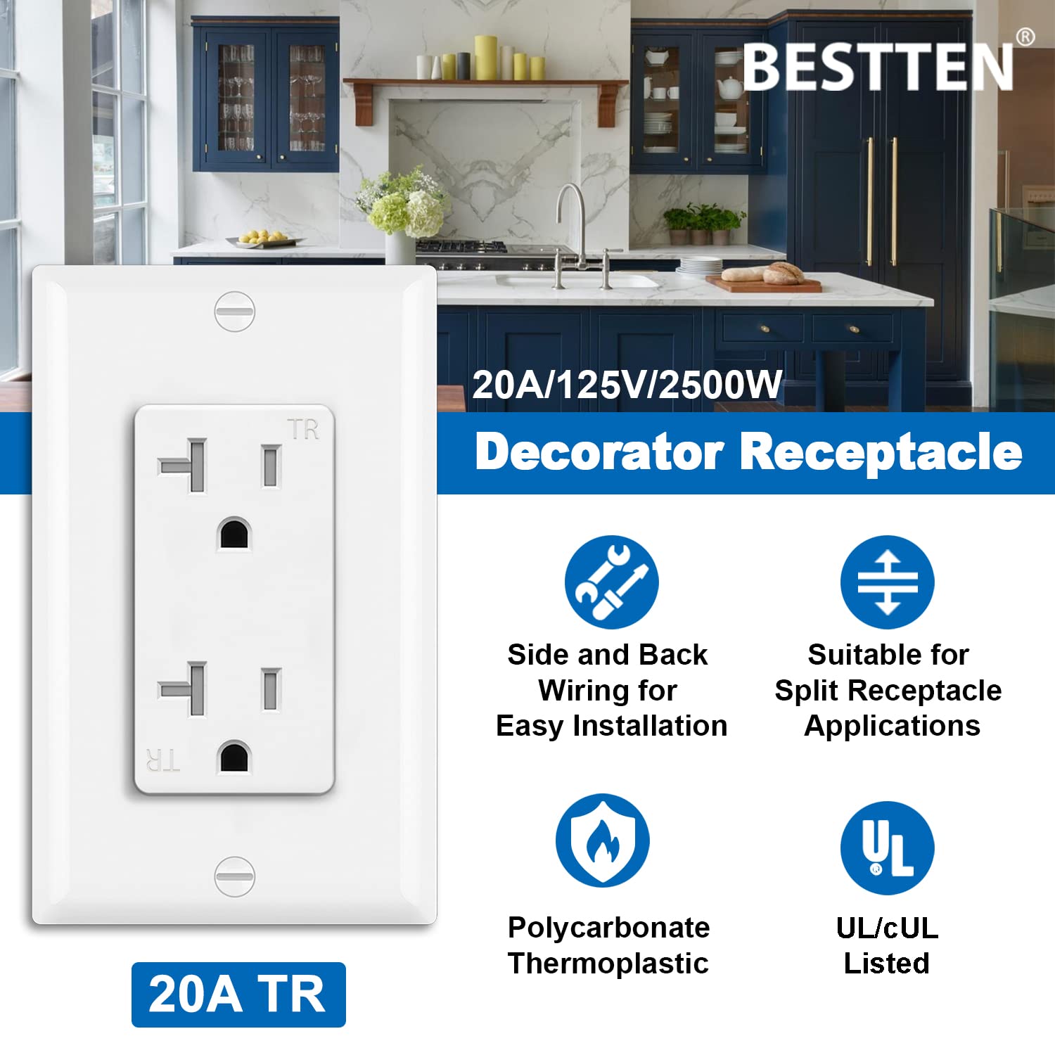 [20 Pack] BESTTEN 20 Amp Wall Receptacle Outlet, Tamper-Resistant (TR), 20A/125V/2500W, Wall Plate Included, Residential and Commercial Use, UL Listed, White