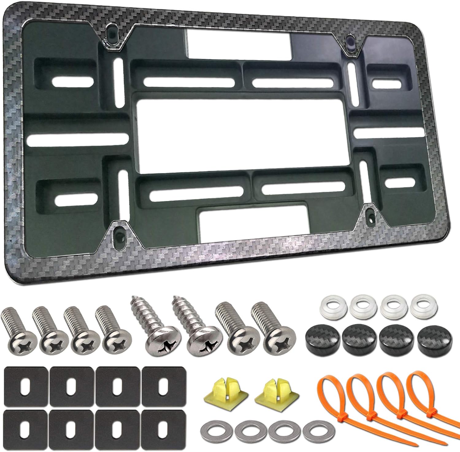 PRUST Front License Plate Mounting Kit- Carbon Fiber License Plate Frame and Universal Bracket for 2 Hole Front Bumper, Black Aluminum Car Tag Holder Adapter