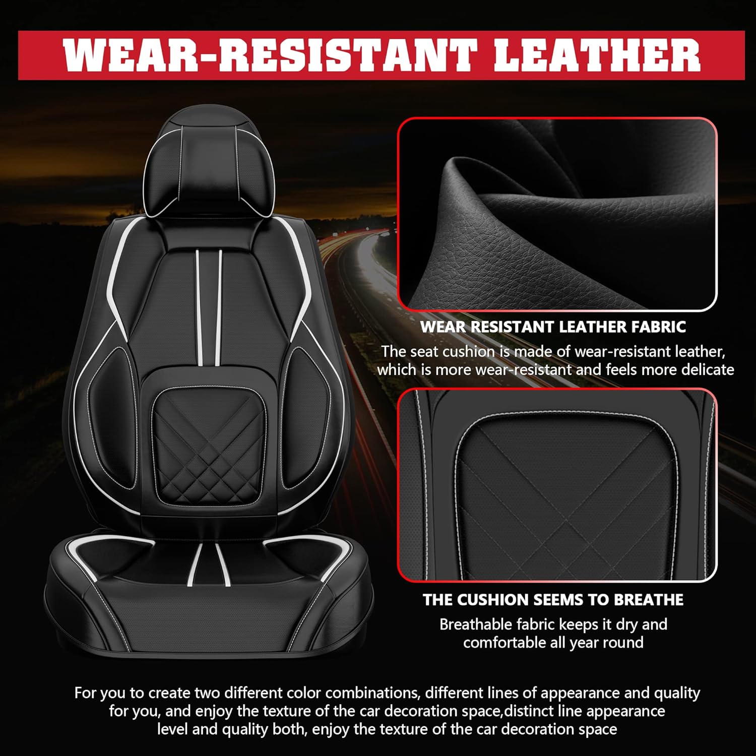 ASLONG 5PCS 2025 Front and Back Car Seat Covers Auto Interior Accessories with Water Proof Nappa Leather for Cars SUV Pick-up Truck Universal Comfortable and Breathable (Full Set, Black&White)