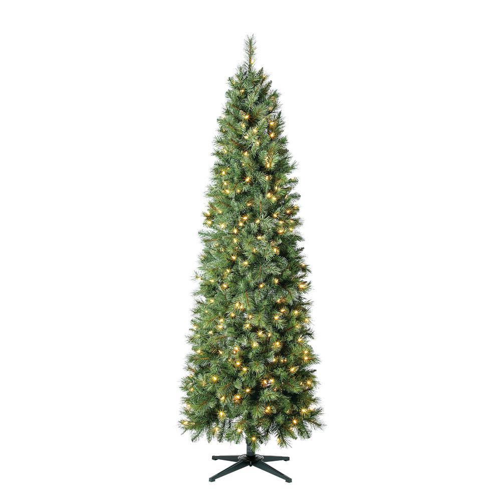 Home Accents Holiday 7 ft Wesley Long Needle Pine Pencil Pre-Lit LED Artificial Christmas Tree with 300 Warm White Mini Lights