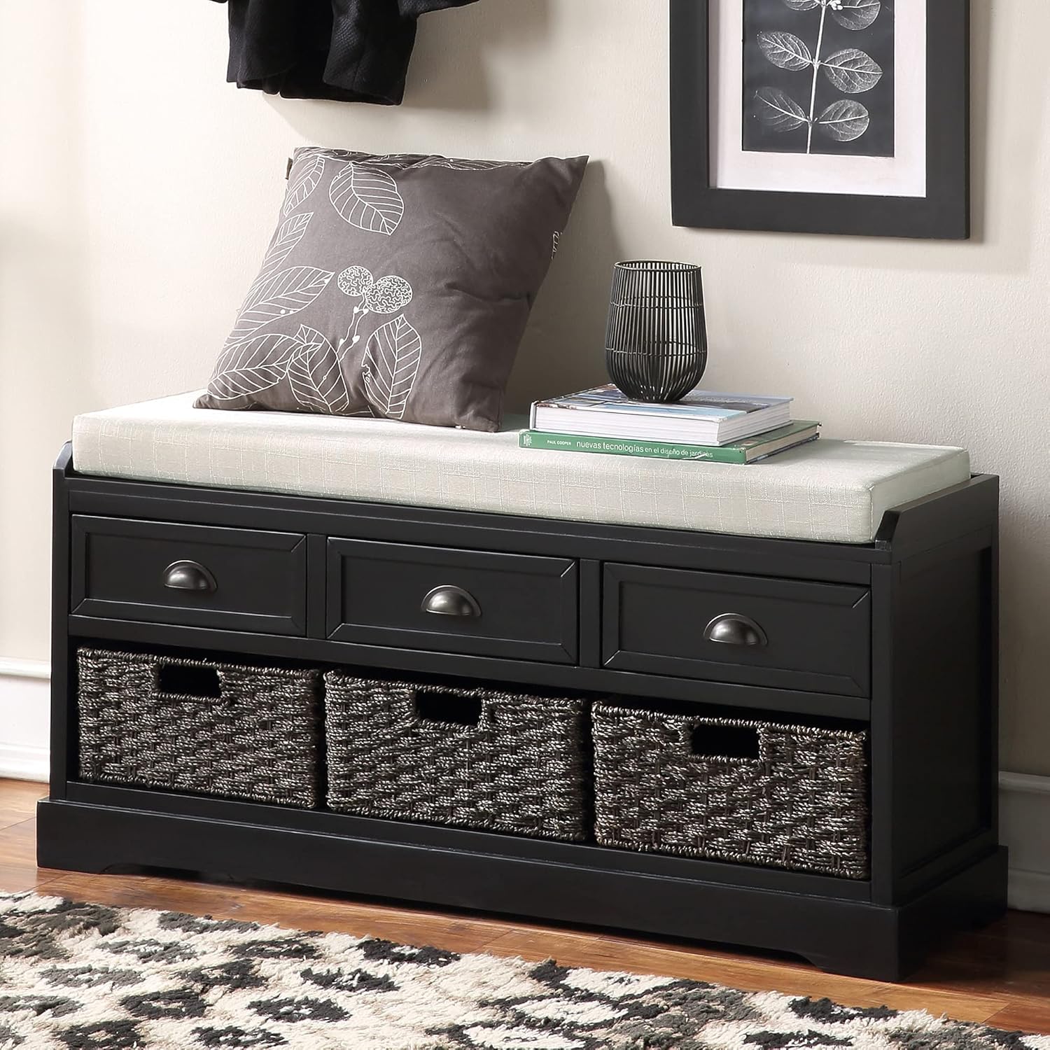 Wood Storage Bench Entryway Bench with 3 Drawers and 3 Baskets, Black