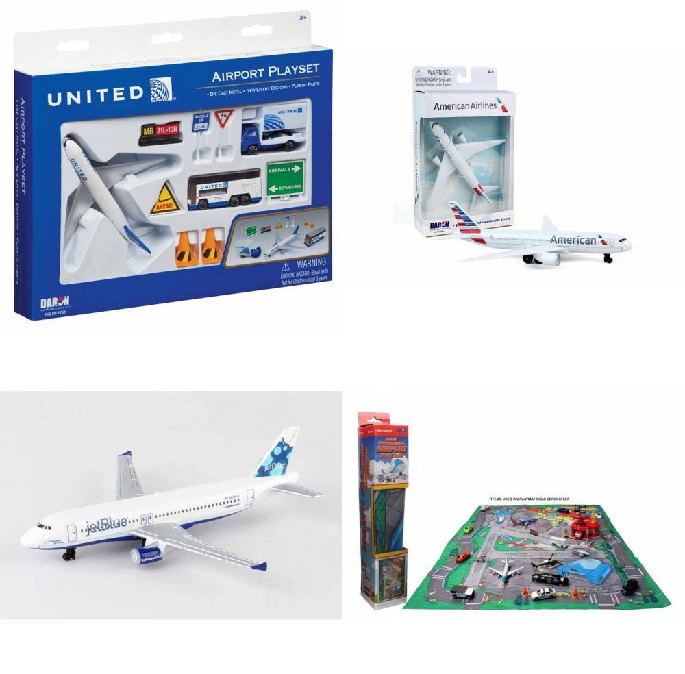 Toy Airplane Playset - Airport Playmat with Three 5.5x22 Diecast Model Planes u0026 Accessories - United, American, Jetblue Airl