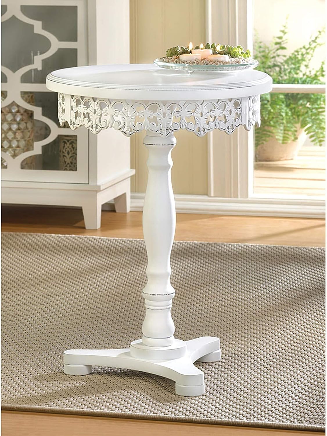 BSD National Supplies Lacy Antique White Finish Wooden Round Side Table