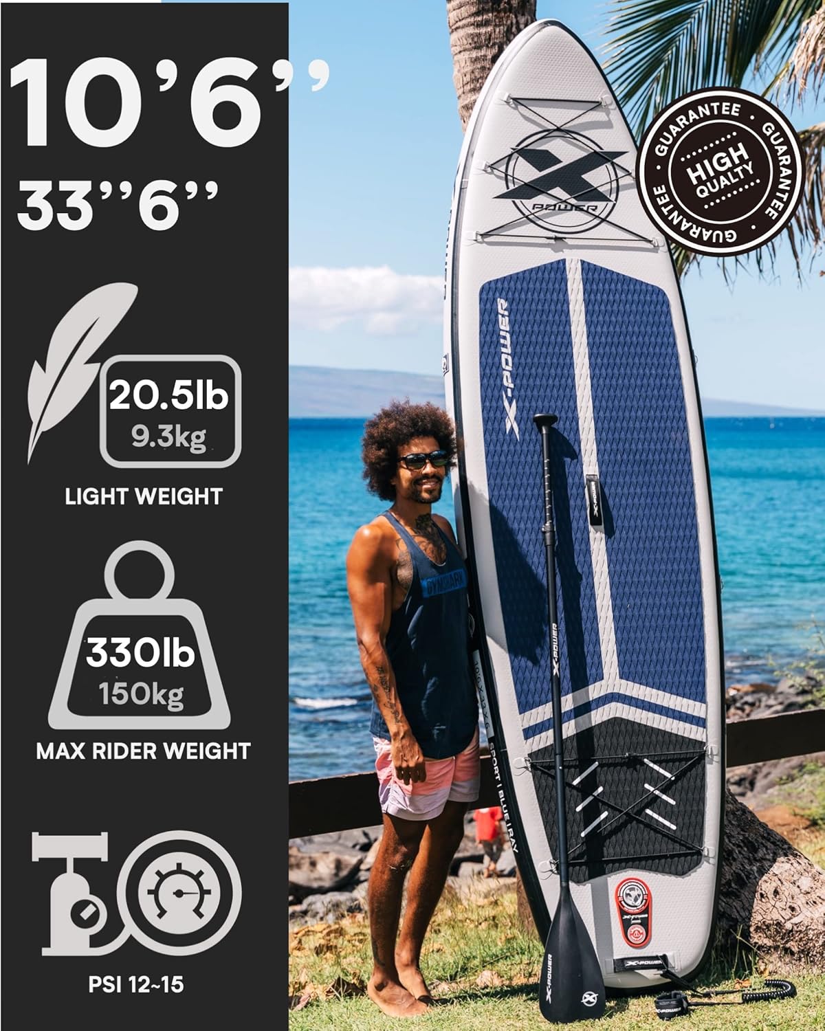 X-POWER Inflatable Paddle Board, 10'6”×33'' Stand Up SUP Board W/ 3 FIN, Shoulder Strap, Double Action Pump, 3PCS Floatable Paddle, 5MIN Fast Inflate, Ideal for Beginner & Pro, Fresh or Salt Water